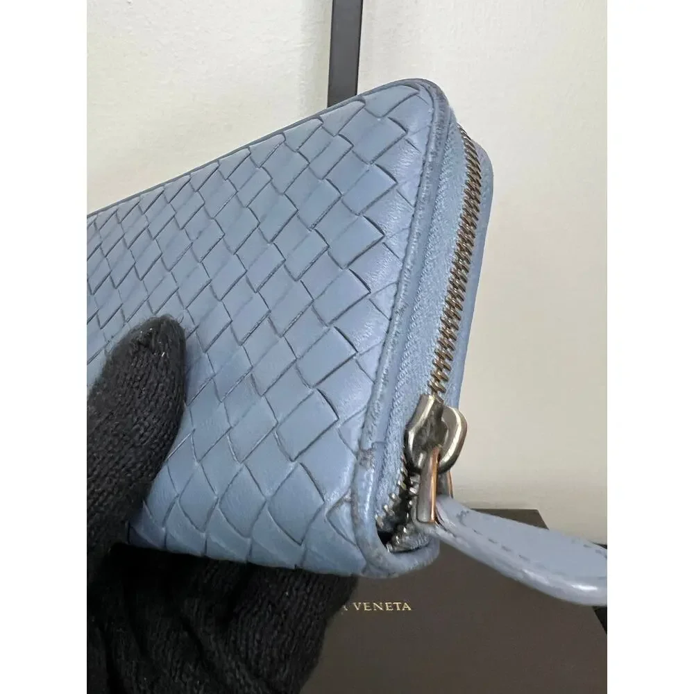 Bottega Veneta Intrecciato Blue Zip Around Wallet Box Dust Bag